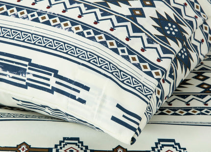 Chezmoi Collection 4-Piece Southwestern Tribal Lodge Bed Sheet Set, Queen Size - Ivory Navy Brown Red Printed Microfiber Soft Breathable Deep Pocket Sheets and Pillowcases Set