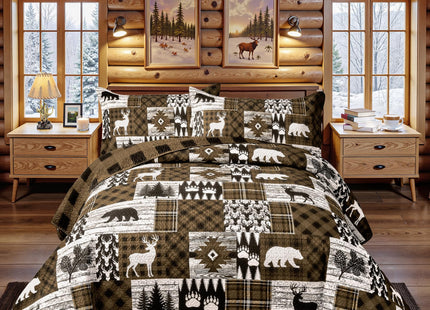 3 Piece Cabin King Size Quilt Sets Farmhouse Rustic Reversible Microfiber Soft Lightweight Bedspread Comforter with 2 Shams Patchwork Country Lodge Bedding Quilts Set for All Season, 106''x96'', Brown