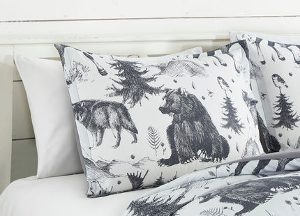 Chezmoi Collection Evans 3-Piece Southwestern Cabin Lodge Comforter Set - White Black Gray Grizzly Bear Wolves Moose Pine Tree Mountain Printed Microfiber Bedding, Queen