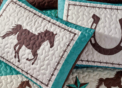 WPM WORLD PRODUCTS MART Western Teal/Beige/Brown Horseshoe, Horse, Barb Wire Cowboy Print Queen Size Bedspread 3 Piece Southwestern Cabin Lodge Design Coverlet Quilt Set- JENA (Queen)