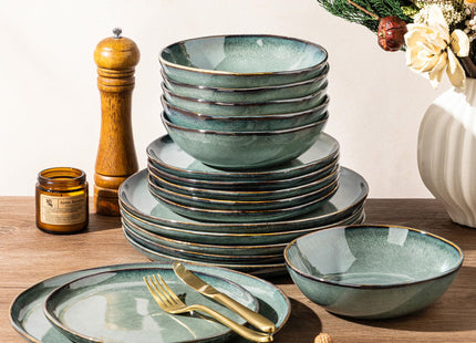 GBHOME Stoneware Dinnerware Sets for 6,18 Piece Rustic Plates and Bowls Set