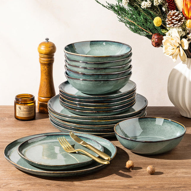 GBHOME Stoneware Dinnerware Sets for 6,18 Piece Rustic Plates and Bowls Set