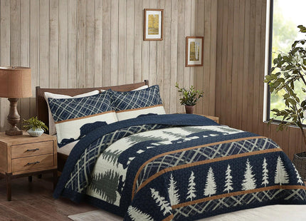 MarCielo 3-Piece Rustic Cabin Lodge Bear Quilt Set - Country-Themed Bedspread with Matching Pillow Shams