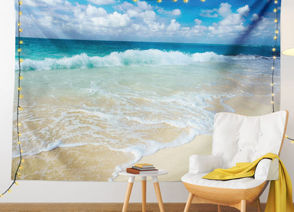 Lunarable Wave Tapestry Twin Size, Beach Foamy Waves on Empty Sea Shore Holiday Theme Serene Coastal, Wall Hanging Bedspread Bed Cover Wall Decor, Twin Size, Sand Blue, 68" Width x 88" Length