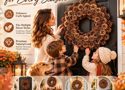 Huashen 18 Inch Fall Wreath for Front Door Full Artificial Pinecone Wreath