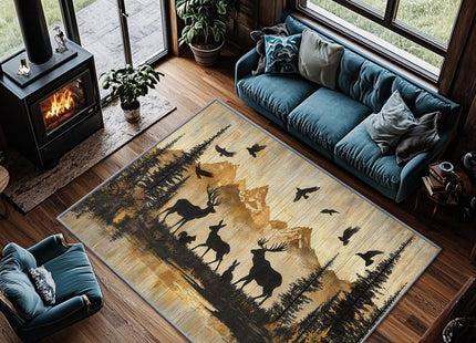 Yoozitrees Wildlife Rugs for Cabin - Wildlife Rug, 8x10 Rug, Deer Moose Wild Animal Silhouette Area Rug, Rustic Wood Print Carpet, Washable & Non Slip & Soft Large Rugs, Wildlife Home Decor