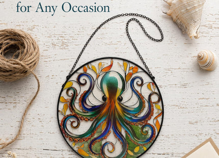 ZUSANG Octopus Stained Glass Window Hanging, 9.8’’ Sun Catcher Glass Panel Ocean Theme Wall Art Decor with Chain, Birthday Gift for Sons, Daughters, Grandson