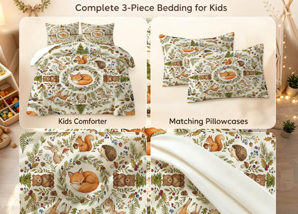 VTKON Woodland Animals Comforter Set Twin, 2Pcs Cute Fox Pattern Forest Creature Pattern Bedding for Girls, Soft Microfiber Duvet with 1 Comforter and 1 Pillowcase All Season