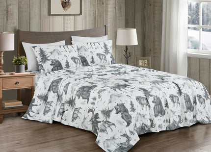 Chezmoi Collection 3-Piece Lodge Sheet Set Twin XL Size - White Gray Black Grizzly Bear Wolves Moose Pine Tree Mountain Printed Brushed Microfiber Lightweight Breathable Deep Pocket Bed Sheets