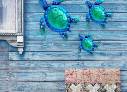 JOYBee Sea Turtle Wall Art Decor, Metal & Glass Sea Life Nautical Home Wall Hanging Decor,Ocean Theme Coastal Decorations for Indoor Outdoor Bathroom and Garden-Blue（Set of 3）