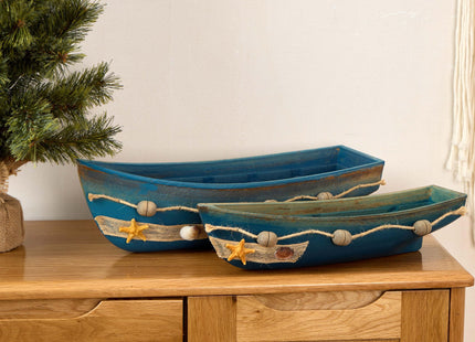 Konjouror Wooden Boat Tray Display, 2 Pack Blue Boat Model Decoration, Nautical Beach Ocean Decor