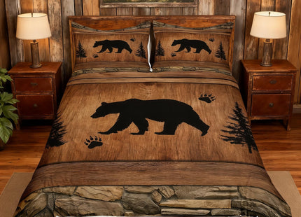 Manfei Rustic Bear Duvet Cover Set Full Size, Wildlife Hunting Theme Comforter Cover with 2 Pillowcases, Wild Animal Bedding Set 3pcs for Kids Boys Teens, Wooden Board Bedspread Cover, No Comforter