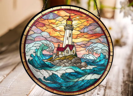 FIVITY 7.8" Lighthouse Suncatcher Stained Glass Window Hanging Ocean Light House Sun Catchers Blue Coastal Ornaments Wall Art Home Garden Room Door Decor Birthday for Women Men