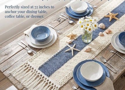 yuboo Table Runner 72 Inches Long, Blue and White Table Runner - Farmhouse Coastal Boho Macrame Dresser Runners for Bedroom, Dining & Coffee Table with Tassels
