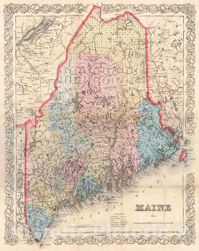 Historic Map - 1855 Maine - Vintage Wall Art - 24in x 30in