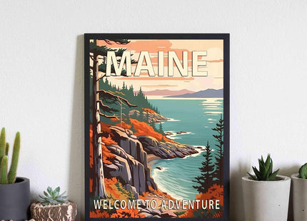 Maine Black Framed Poster Art Print, Retro States Landscape Wall art Decor, Adventure Mountain and Scenery Painting for Bedroom, Living Room (Maine Scenery, 16x20 inches + (Black Frame))