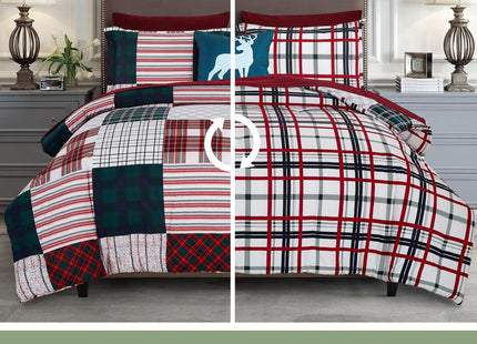 Elegant Comfort 8-Piece Cabin Lodge Patch Reversible Comforter Set - All Season Bed in a Bag, 4-Piece Sheet Set Featuring Smart Pockets, Matching Shams and Decorative Pillow, Full/Queen, Burgundy