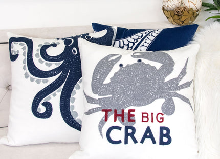 Homey COZY Embroidery White Velvet Crab Throw Pillow Cover,Ocean Blue Series The Big Crab Nautical Decorative Pillow Case Coastal Beach Theme Home Decor 20x20,Cover Only