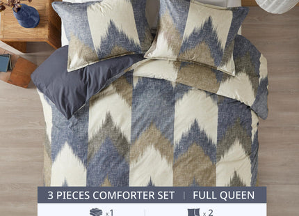 Ink+Ivy Queen Size Comforter Set, Cozy Cotton Comforter, All Season, Lightweight Comforter Queen Bed Set with 2 Matching Shams, Modern Cabin Lodge Ikat Chevron Design, Navy Full/Queen 3 Piece