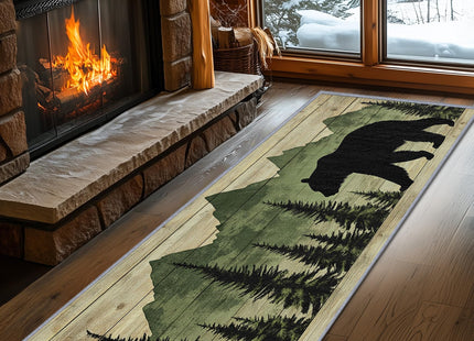 Yoozitrees Bear Rugs for Living Room, 2x6ft Runner Rug, Cabin Animal Rustic Lodge Runner for Hallways, Farmhouse Wildlife Runner Rug Non Slip Soft - Green Black Beige