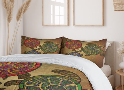 Ambesonne Turtle Duvet Cover Set, 3 Ocean Turtles Ethic Style Animals Geometric Vibrant Ocean Theme Artwork Print, Decorative 3 Piece Bedding Set with 2 Pillow Shams, Queen Size, Brown Green
