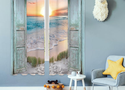 Beach Coastal Short Small Ocean Teal Living Room Bedroom Window Curtains