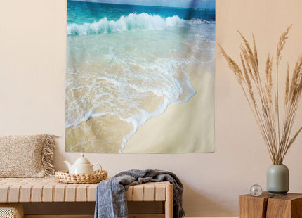 Lunarable Wave Tapestry Twin Size, Beach Foamy Waves on Empty Sea Shore Holiday Theme Serene Coastal, Wall Hanging Bedspread Bed Cover Wall Decor, Twin Size, Sand Blue, 68" Width x 88" Length