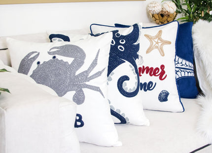 Homey COZY Embroidery White Velvet Starfish Throw Pillow Cover,Summer Sea Nautical Decorative Pillow Case Coastal Beach Theme Home Decor 20x20,Cover Only