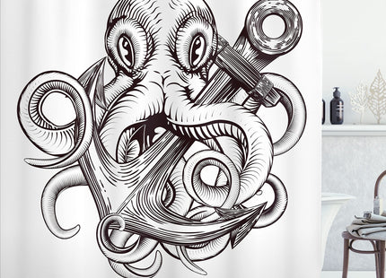 Ambesonne Anchor Shower Curtain, Monochrome Octopus Tattoo Art Style Naval Sketch Mythical Kraken Beast Design, Cloth Fabric Bathroom Decor Set with Hooks, 69" W x 75" L, Brown and White