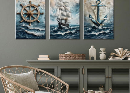 Vintage Nautical Wall Art Set of 3, Sailboat Art Prints, Framed, 16x12 in