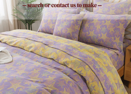 FADFAY Beach Theme Sheets Set King Purple Yellow Starfish Ocean Bedding Coastal Nautical Bedding Super Soft Washed Double -Layer Muslin Sheets 100% Cotton Deep Pocket Fitted Sheet 4Pcs, King Size
