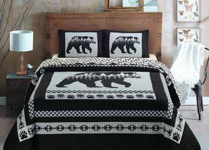 Virah Bella Moon Bear 3-Piece Full/Queen Quilt Set - 90"x90" Reversible Silhouette Cabin Bedding with 2 Standard Pillow Shams - Rustic Lodge Black Bear Paw Print Woodland Mountain Coverlet
