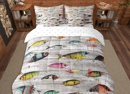 Feelyou Fishing Bait Comforter Set 7 Pieces Queen Size Fishing and Hunting Bedding Set for Kids Boys Girls Country Wood Bed in a Bag with Comforter + Sheets + Pillowcases + Cushion Covers