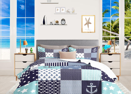 weesire Nautical Bedding Queen Size Coastal Quilt with 2 Shams, Coastal Beach Comforter Sets Ocean Bedspreads Coverlet Summer Bedding, 90''x96''