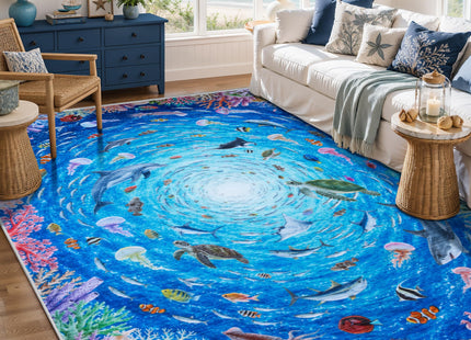 Ocean 5x7 Washable Area Rug for Kids Room, Non Slip Coastal Rug Fish Blue