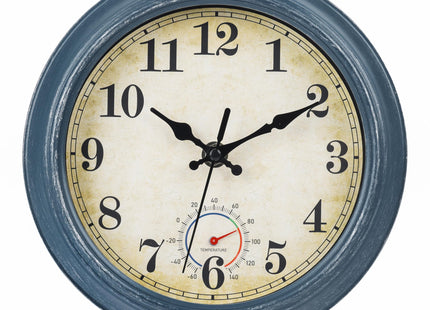 Horizent Outdoor Clocks Waterproof with Thermometer Combo Rustic Coastal Beach Wall Clock Decor for Bathroom Patio Pool (8 Inch,Blue)
