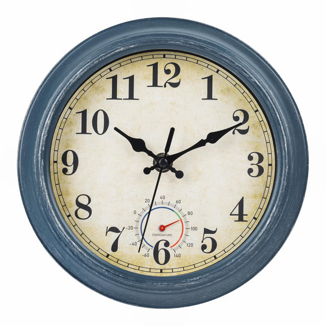 Horizent Outdoor Clocks Waterproof with Thermometer Combo Rustic Coastal Beach Wall Clock Decor for Bathroom Patio Pool (8 Inch,Blue)