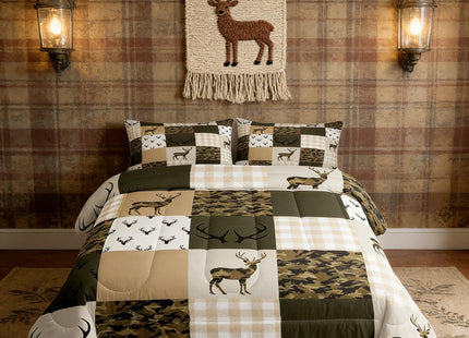 Homewish Camouflage Comforter Set Full Size Woodland Camo Quilt Set Green and Beige Plaid Print Bedding Set 3pcs for Kids Boys Teens Room Decor, Animal Deer Antlers Duvet Insert with 2 Pillowcases