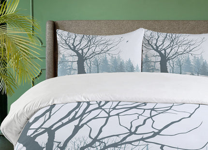 Ambesonne Winter Duvet Cover Set, Winter Season Theme a Tree Without Leaves in The Snowy Forest and Flying Birds, Decorative 3 Piece Bedding Set with 2 Pillow Shams, Queen Size, Petrol Blue