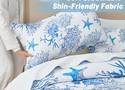 weesire Nautical Twin Quilt Set, Coastal Starfish Bedding, 2 Piece, 68"x86"