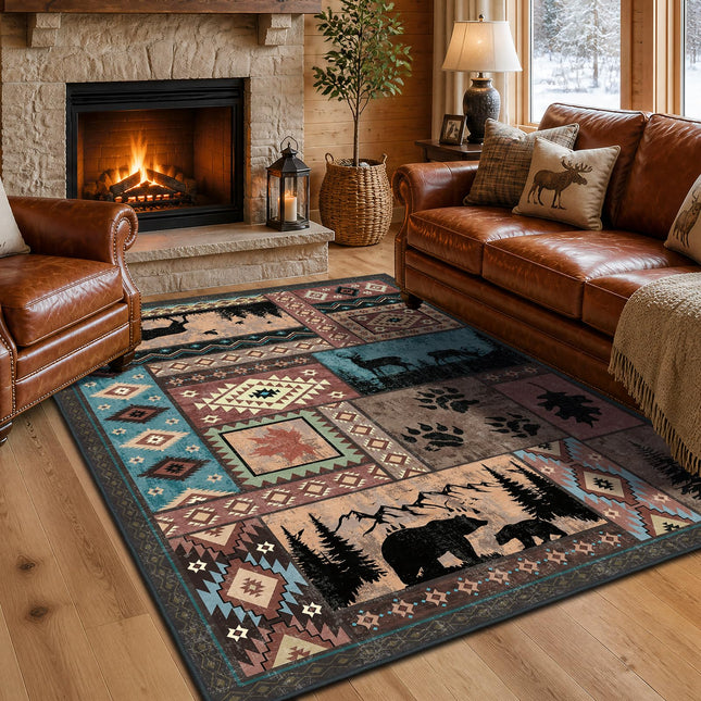 SAIFILI Rustic Cabin Area Rug for Living Room 5x7, Washable Southwestern Country Lodge Bear Rug, Non-Slip Low Pile Wildlife Animal Carpet for Bedroom, Dining Room, Farmhouse, Home Decor