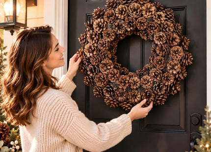 Huashen 18 Inch Fall Wreath for Front Door Full Artificial Pinecone Wreath