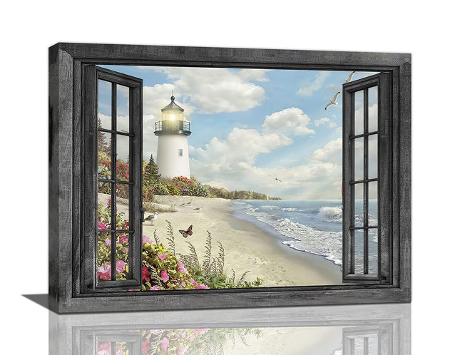 Lighthouse Nautical Wall Art Coastal Beach Pictures Canvas Prints Ocean Decorations Painting Framed Window Seascape Artwork Gifts Office Home Decor for Bathroom Dining Living Room 16"x12"