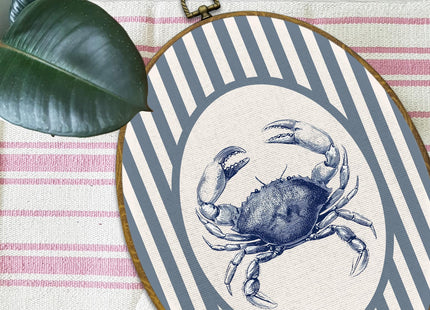 Mcehtle Coastal Beach Crab Wall Art Decor, Ocean Beach Nursery Framed Canvas Prints 8.6x11.4, Blue Striped Crab Ocean Oval Wall Hanging Artwork Decorations for Kids Nursery Room Bedroom Home