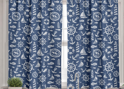 Ambesonne Sailboat Valance & Tier Curtain 3 pcs Set, Diagonal Hatched Nautical Elements Ship's Wheel Anchor and Marine Animals, Window Treatments for Room Kitchen Decor, 55" x 24", Blue and White