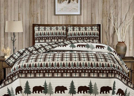 Market & Place 3 Piece Reversible Quilt Set with Shams | All-Season Soft & Lightweight Bedspread | Rustic Lodge Cabin Printed Plaid Design | Cedar Creek Collection (Full/Queen, Chocolate/Green)