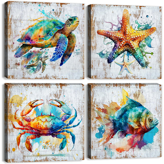 Sea Turtle Wall Art Coastal Bathroom Decor Ocean Beach Decor 12x12" 4Pcs