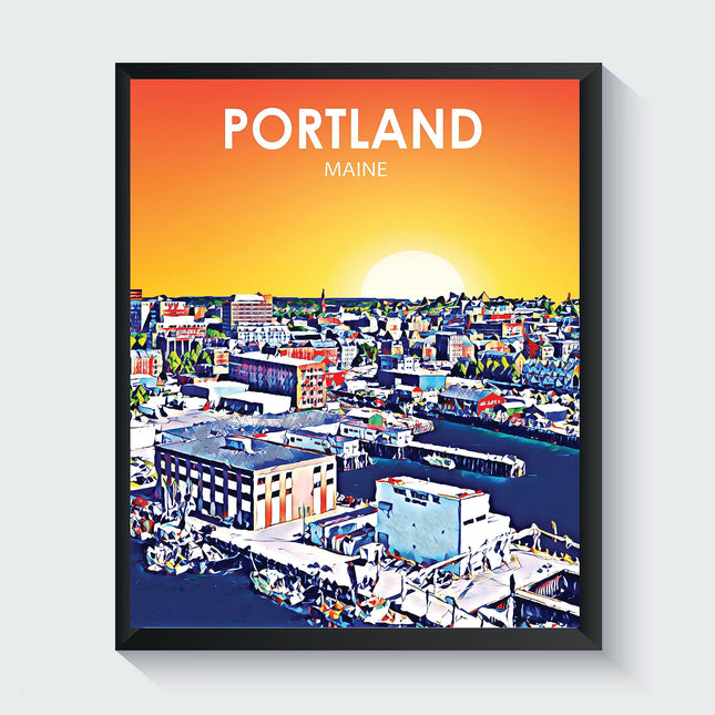 Portland Maine Art Poster Print, Portland Sunset Landscape Scenery Skyline of City, Abstract City Decoration for Bedroom and Living Room. (Portland Maine, 24x36 inches (Unframed))