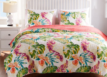 Greenland Home Tropics Palm Leaves Coastal Cotton Blend Quilt Set, 2-Piece Twin/XL, Coral