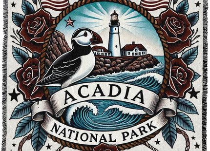 Pure Country Weavers Acadia National Park Tattoo Style Blanket - Gift Cotton Tapestry Throw - Made in The USA - 72" x 54"